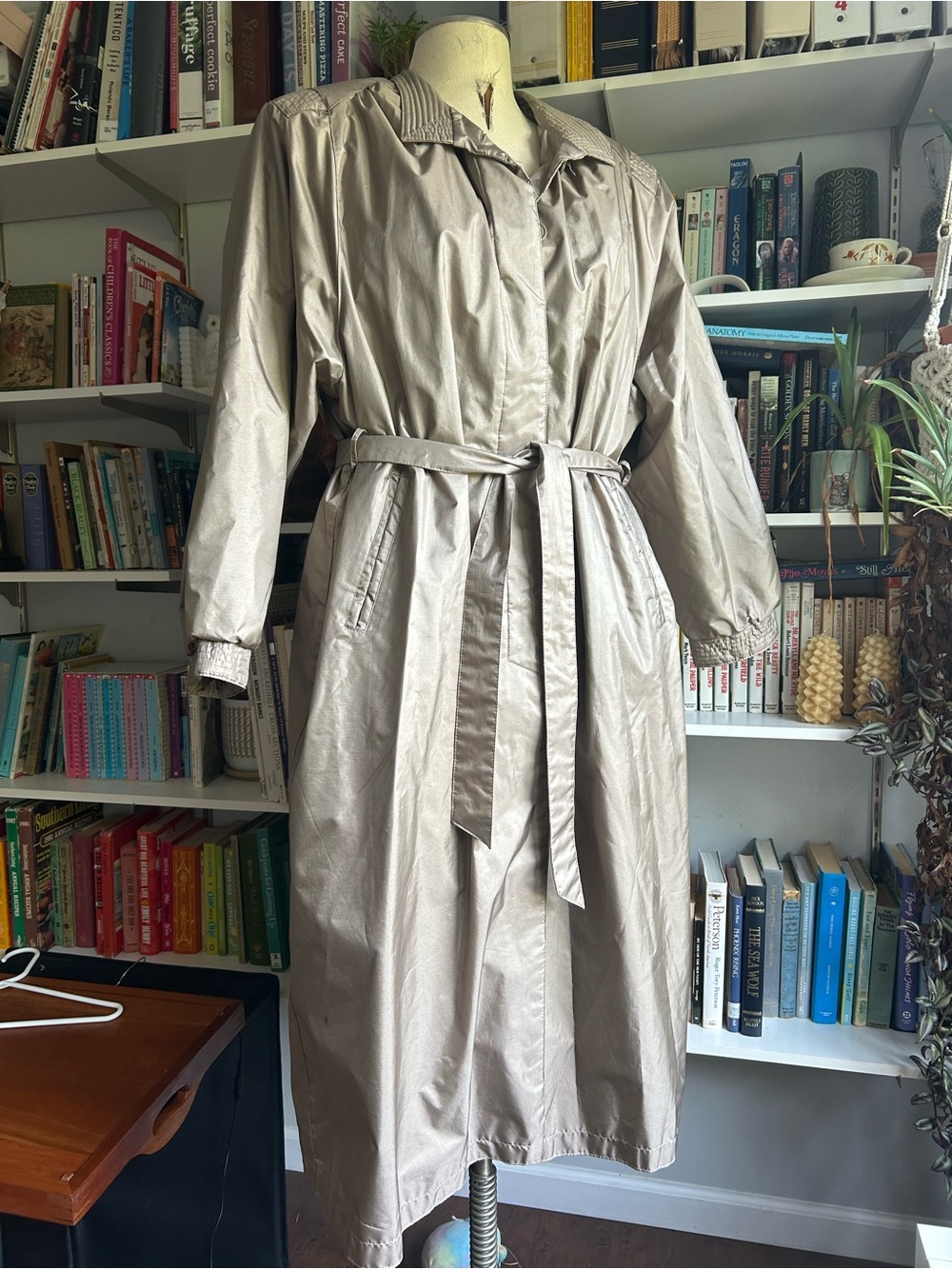 Windsor Shiny Taupe Maxi Trench Dress with Self Tie Belt